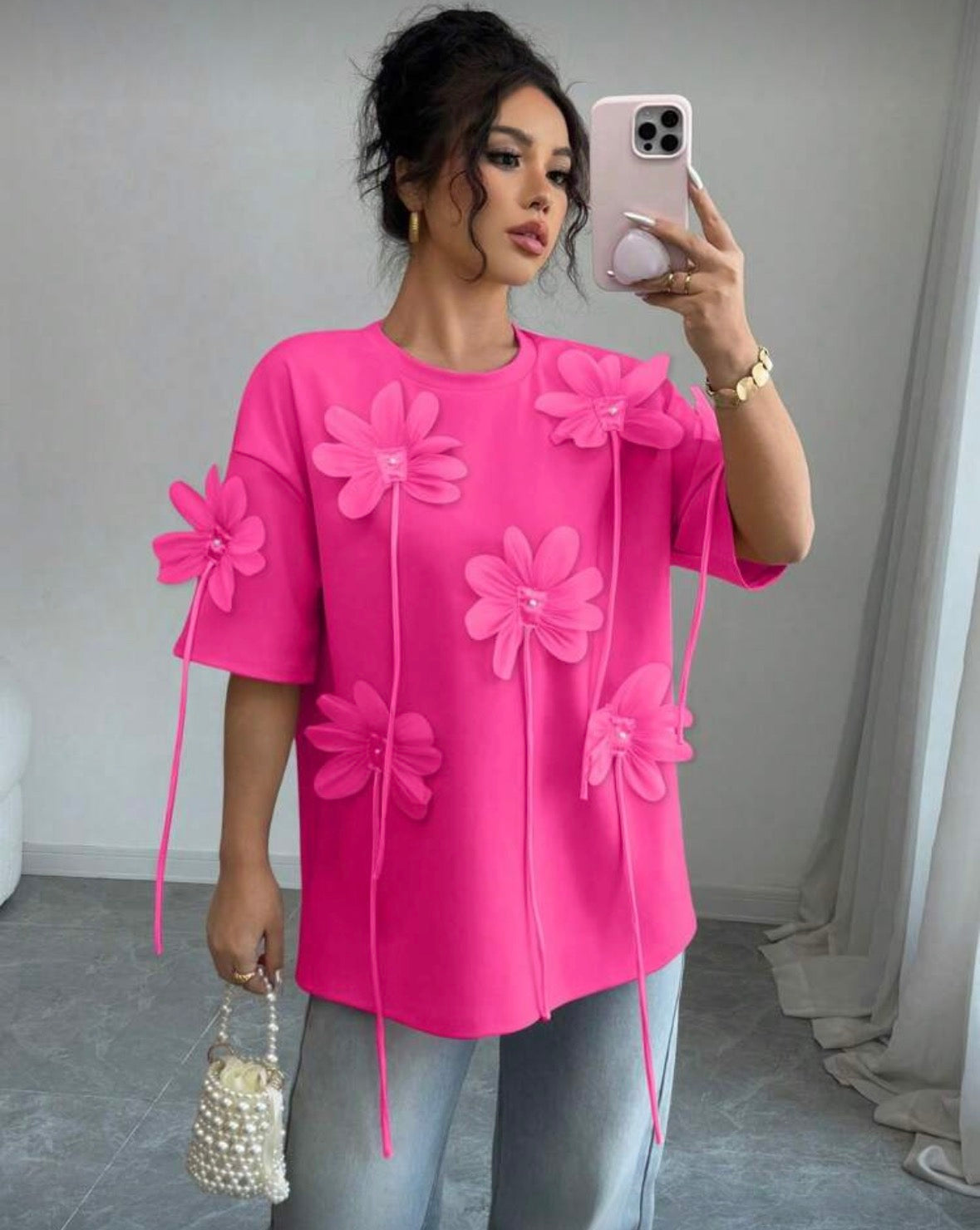 Women's Elegant 3D Floral Print Short Sleeve T-Shirt, Valentine's Day