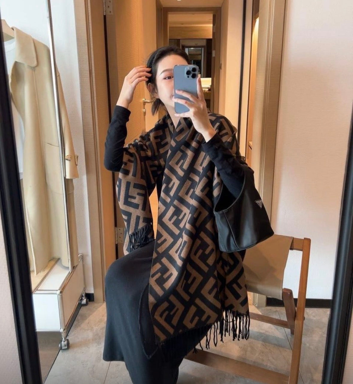 Women’s long black and brown unique F design scarf