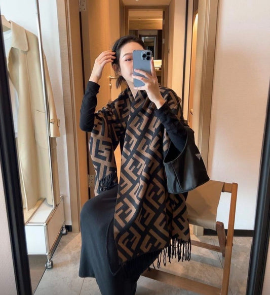 Women’s long black and brown unique F design scarf