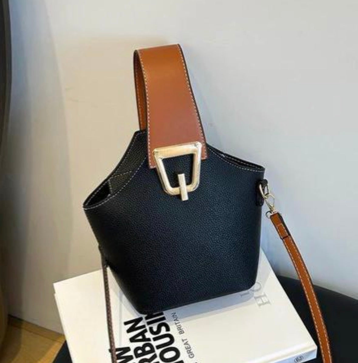 Women’s brown strap metal buckle stylish solid colour handbag