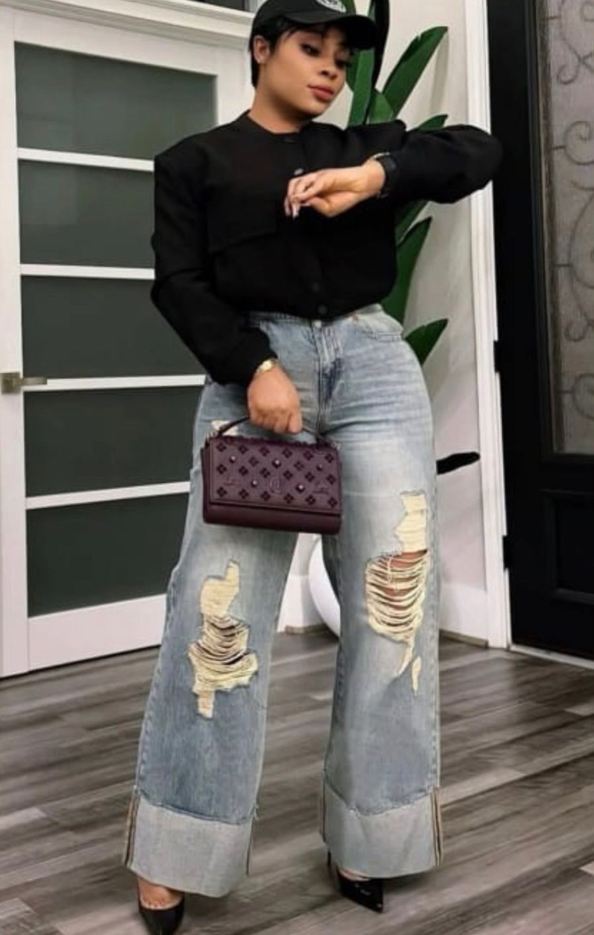 Women’s ripped high waist pocket street elegant jeans