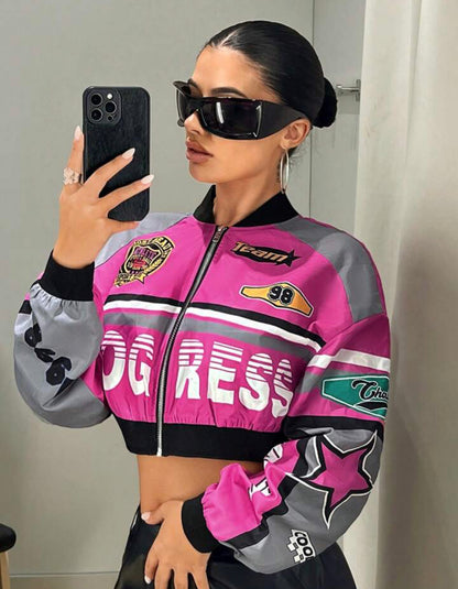 Pink cropped zip printed graphic jacket for women