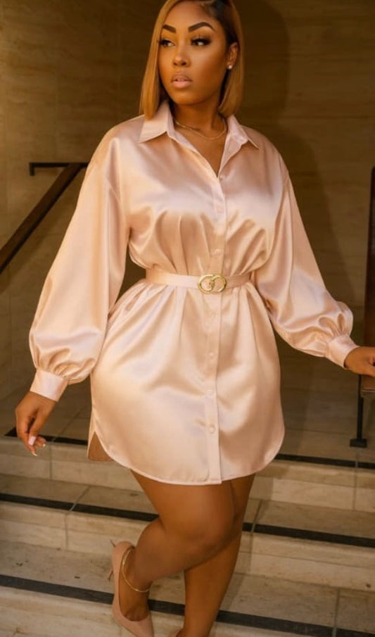 Women’s v neck collar silk shirt dress with waist buckle