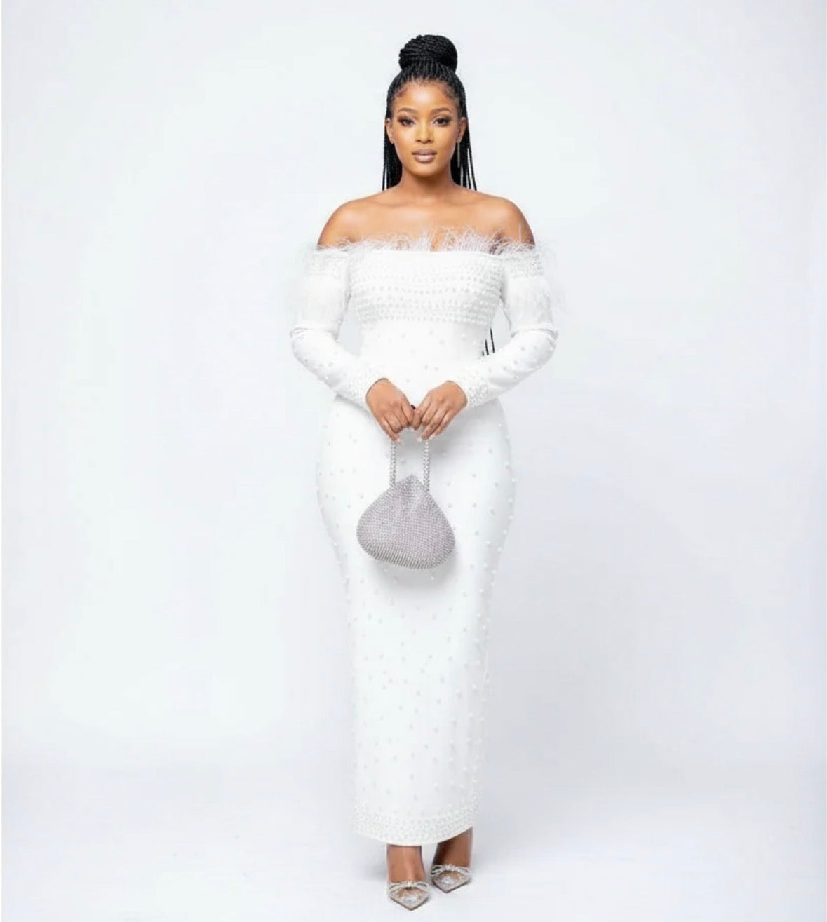 Long sleeve fluffy strapless long elegant dress