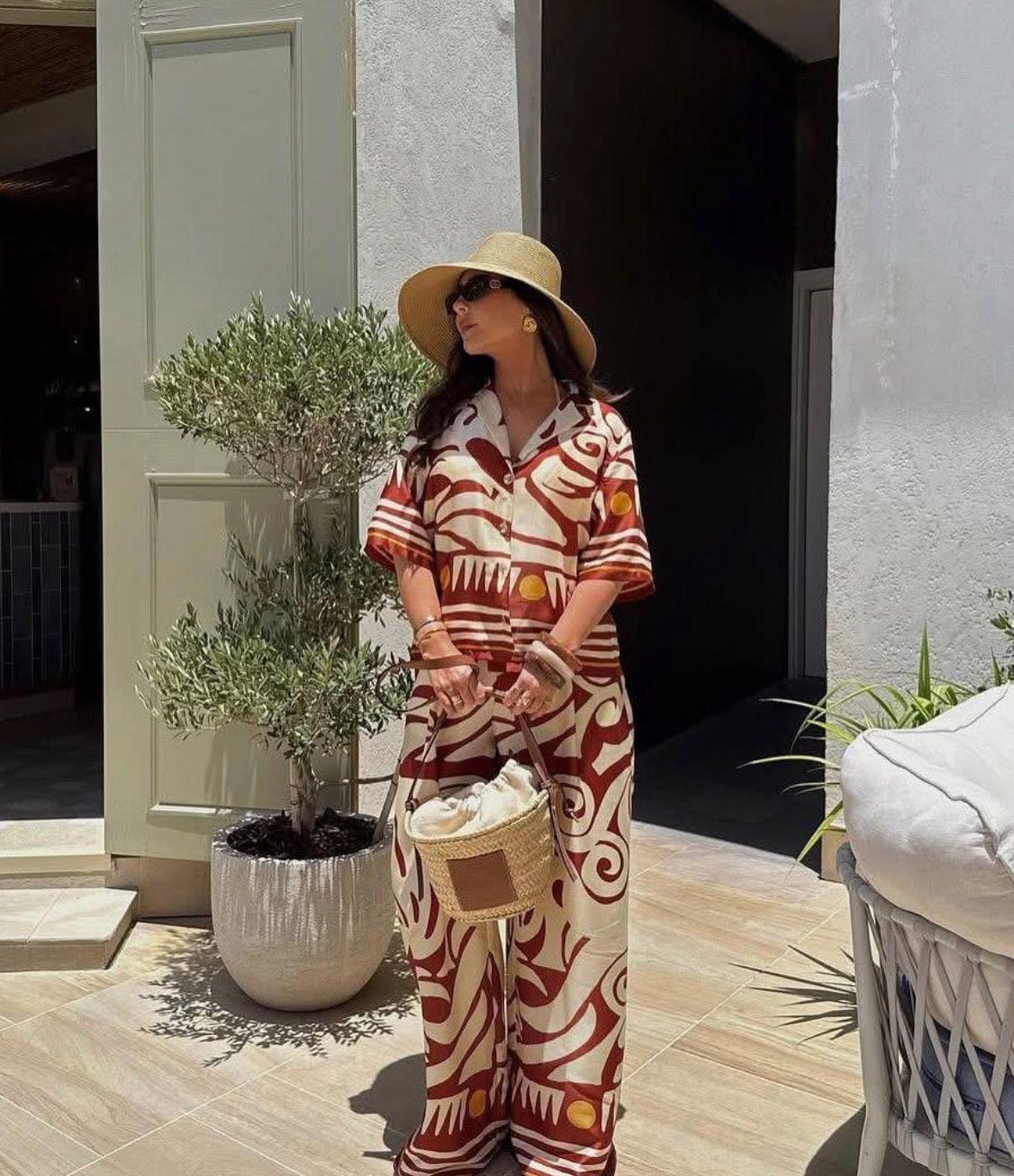 Elegant multi design 2 pc button shirt and loose pants for women