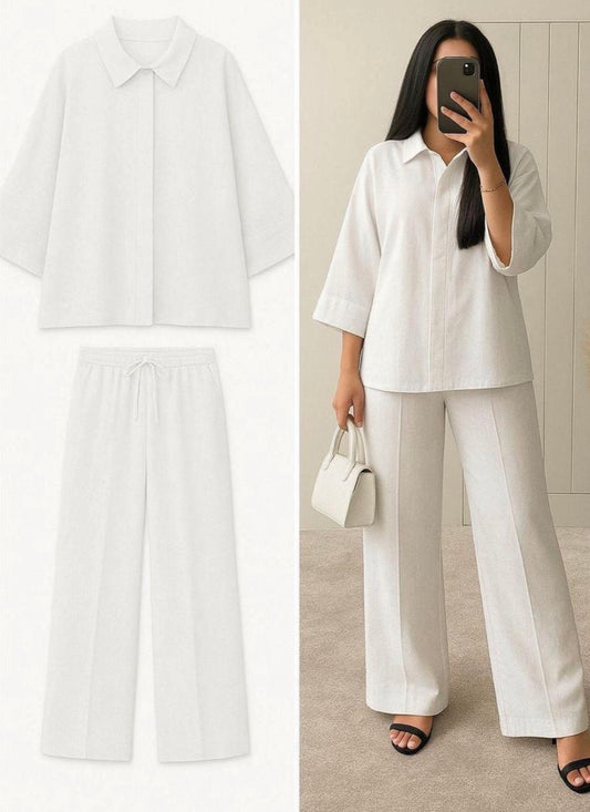 Women’s all white solid color 2 pc button shirt and loose pants