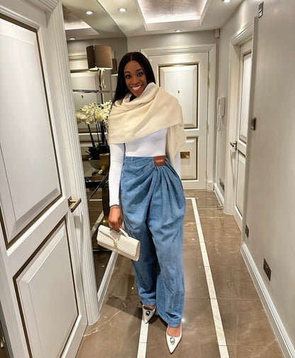 Unique floral light blue elegant solid colour loose jeans for women