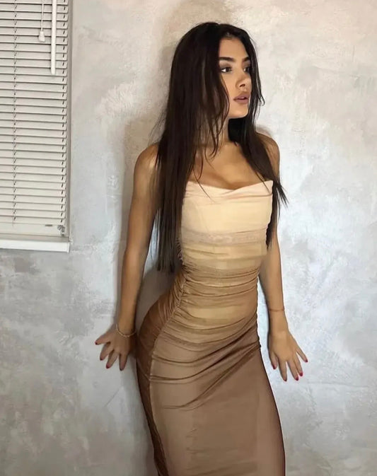 Sleeveless 2 tone brown long elegant dress for women