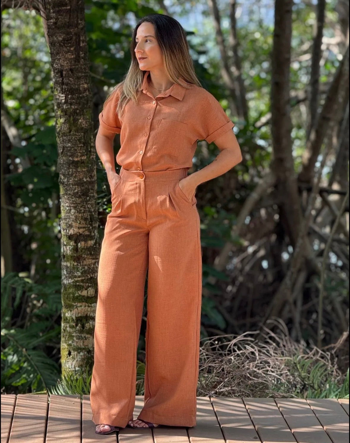 Linen solid colour button up mid sleeve shirt and solid colour pants 2 pc