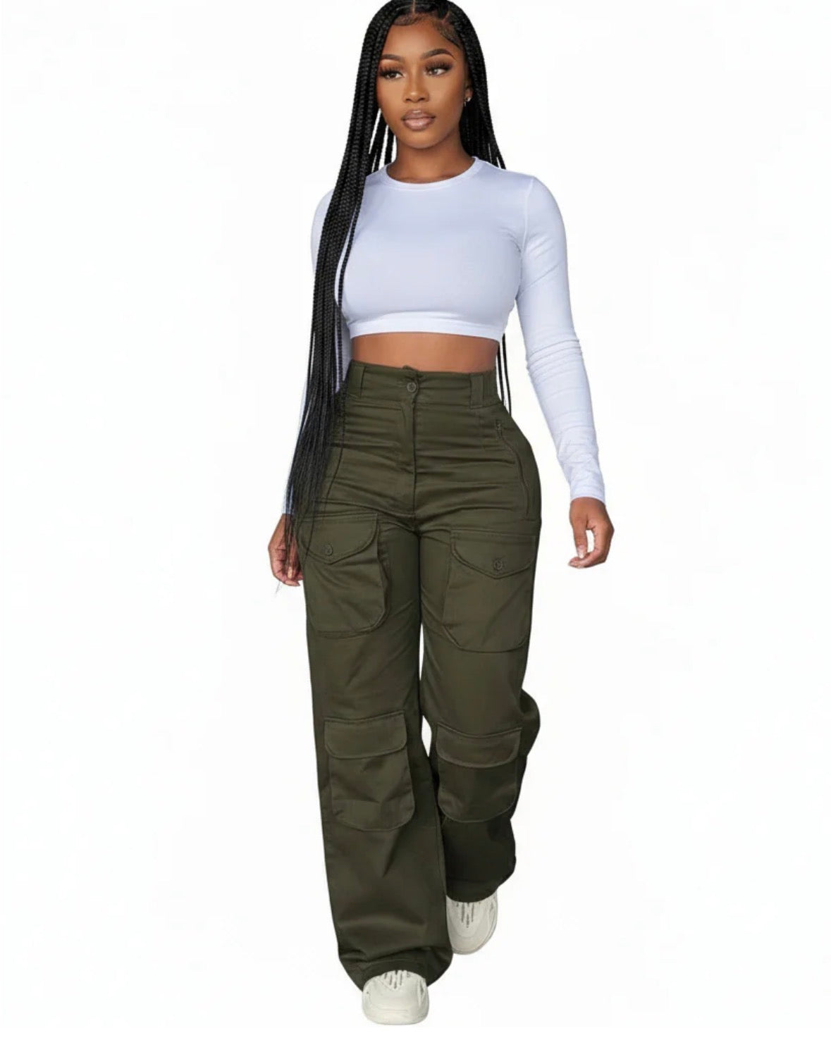 Solid colour pocket loose straight cargo pants for women
