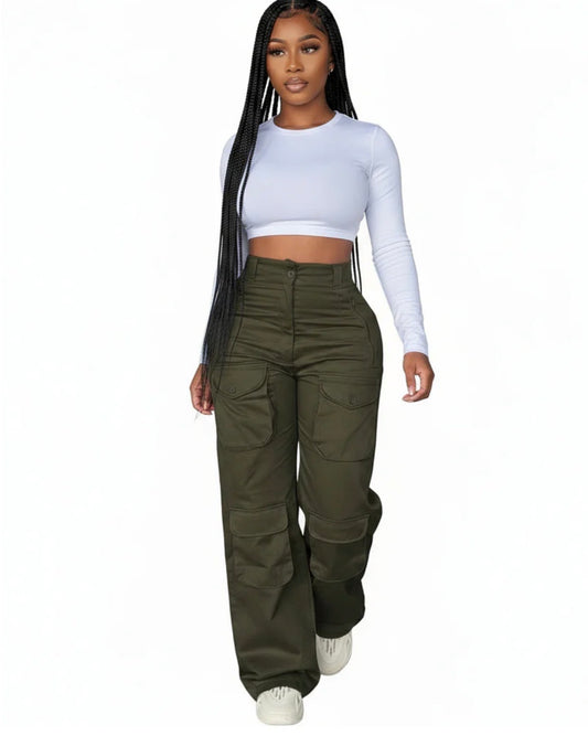 Solid colour pocket loose straight cargo pants for women