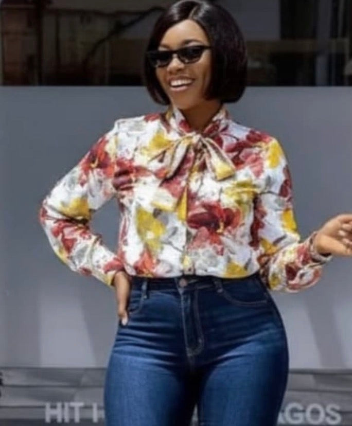 Women’s long sleeve button shirt scarf tie elegant flower design