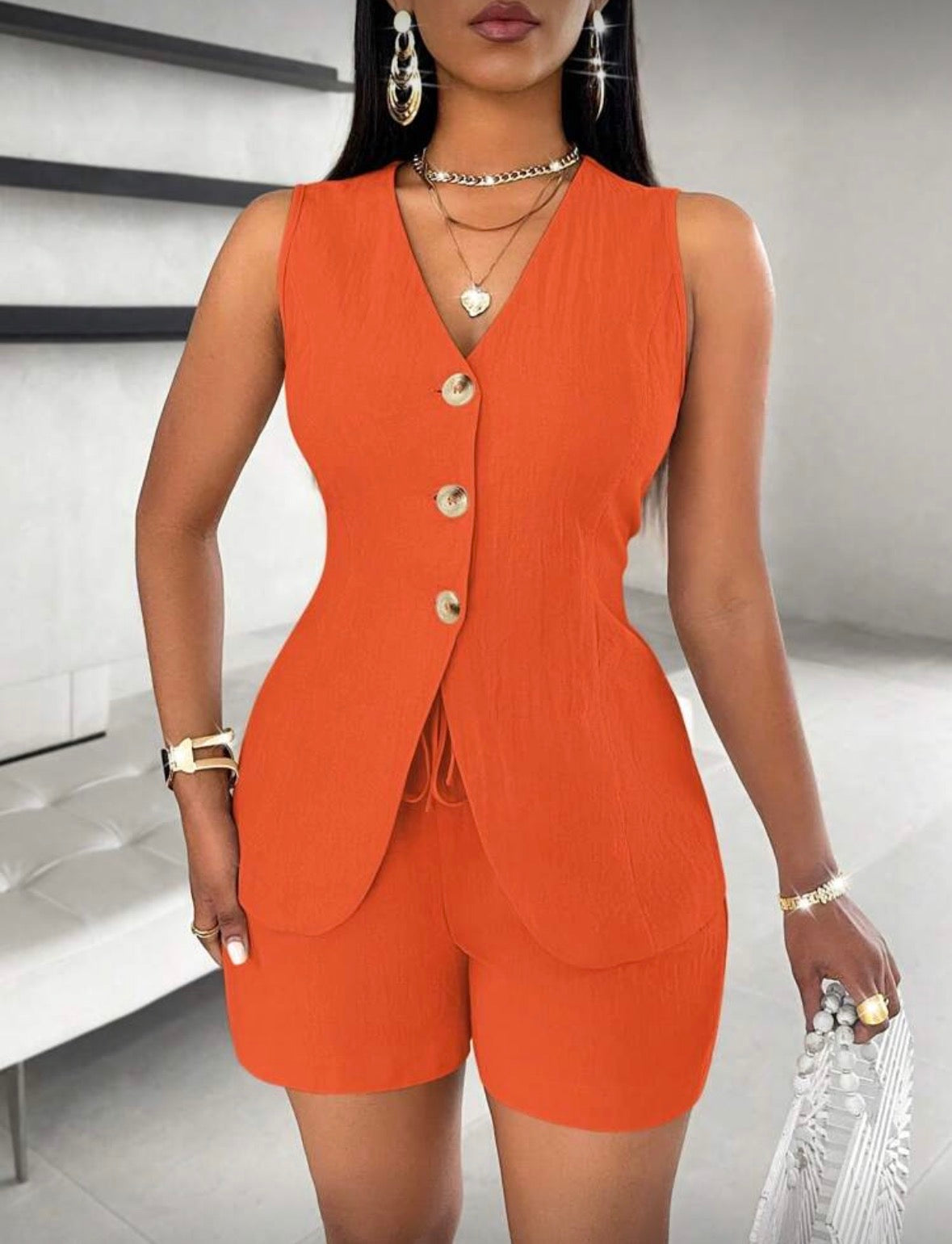 Solid Button Front Vest Blazer & Shorts