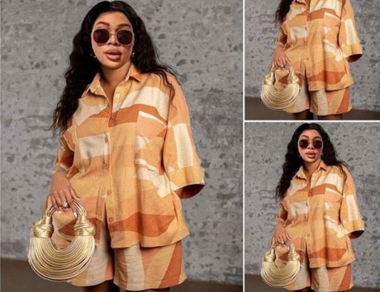 Women’s 2 pc multi colour sophisticated summer button shirt and shorts