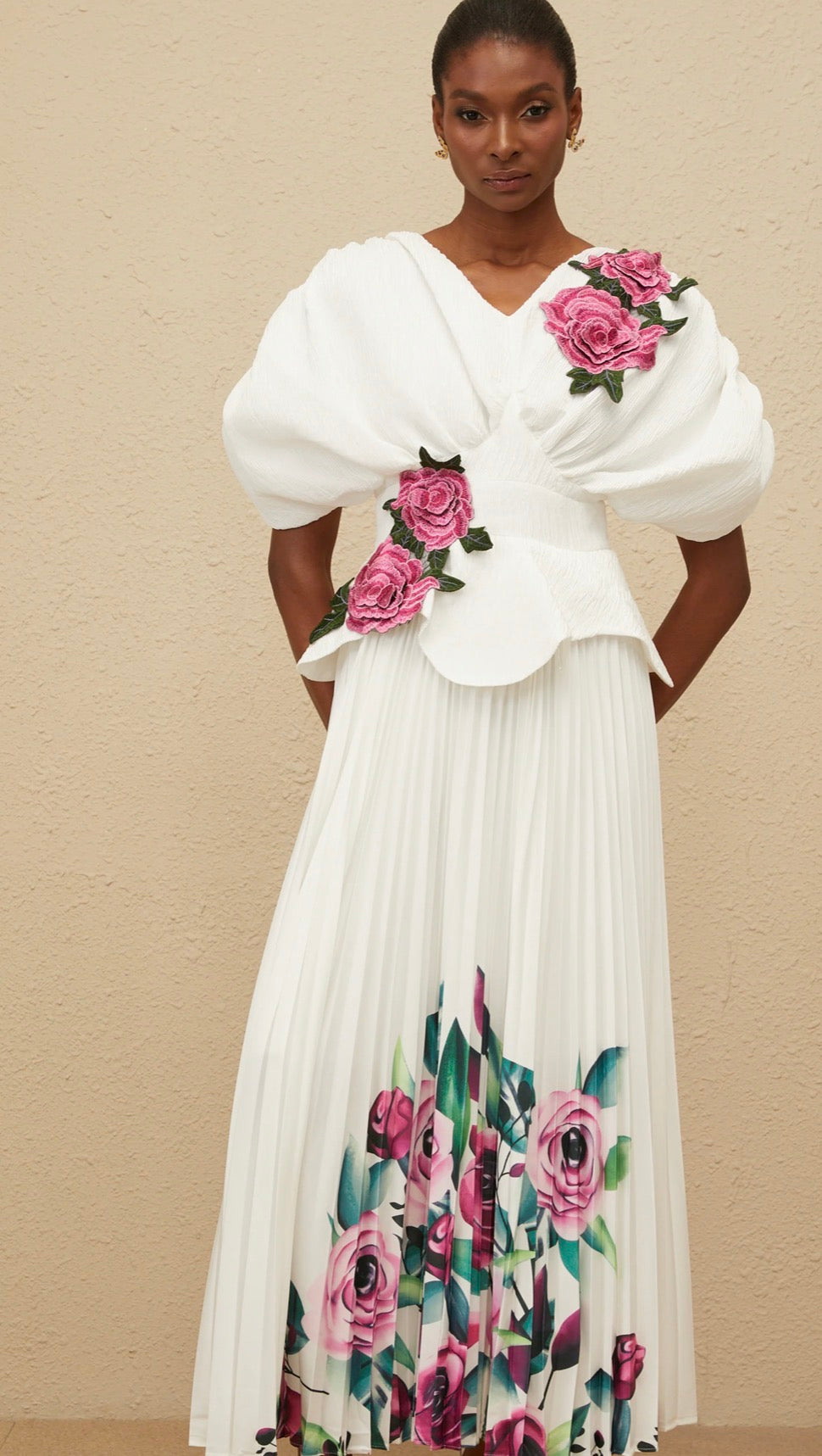 Women’s elegant floral white mid sleeve long dress