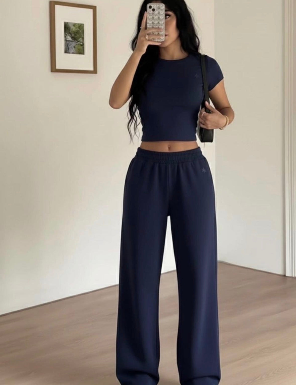 Women’s embroidery fitted casual outfit cropped top and loose pants