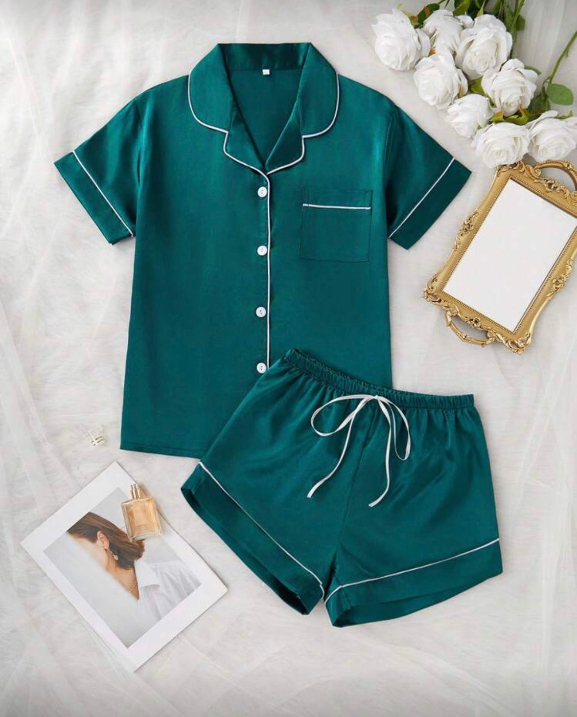 LuxeNights Plus Contrast Piping Satin Pajama Set