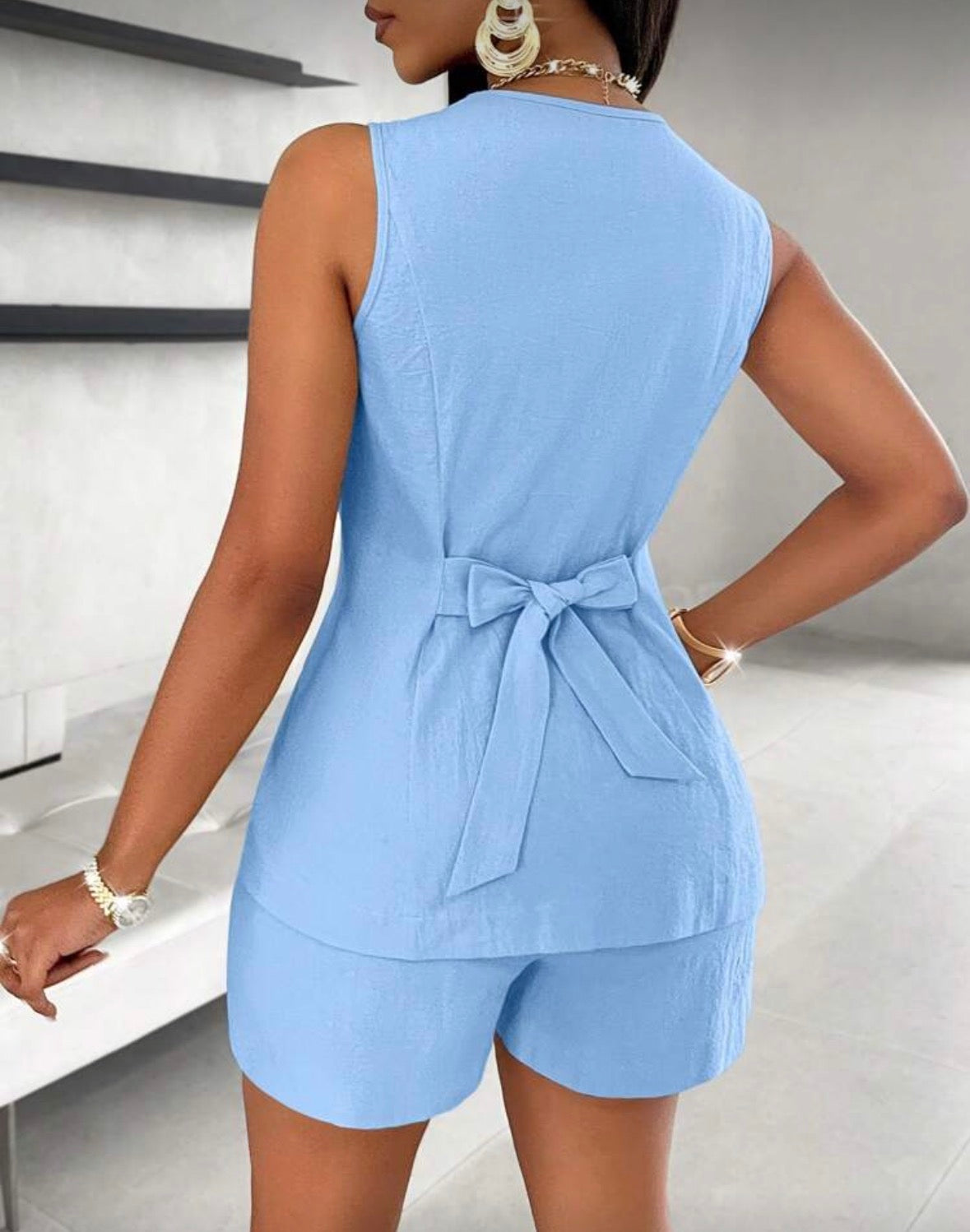 Solid Button Front Vest Blazer & Shorts