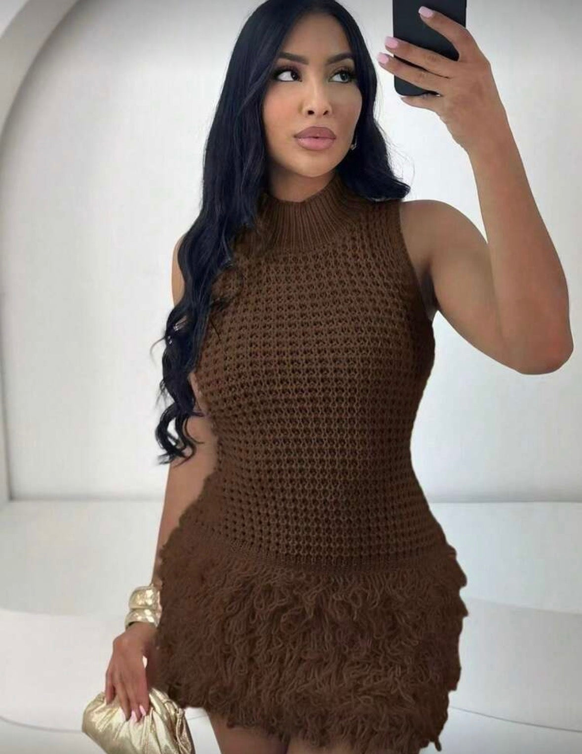 Autumn Women's Fashion Sexy Sleeveless Tassel Hollow Out Fitted Elegant brown knit Dress
