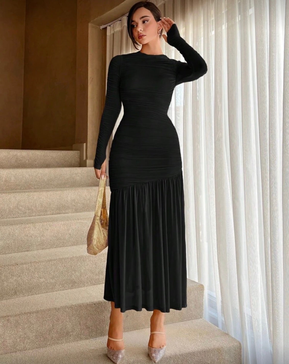 Women’s long sleeve floral elegant long covered neck dress