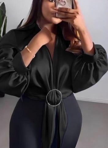 Elegant long sleeve waist tie sophisticated women’s blouse