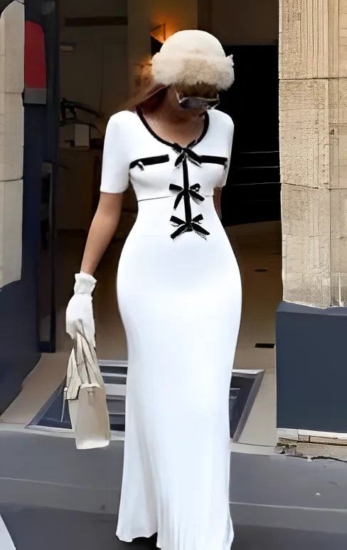 Women’s pocket bow tie long mid sleeve v neck dress