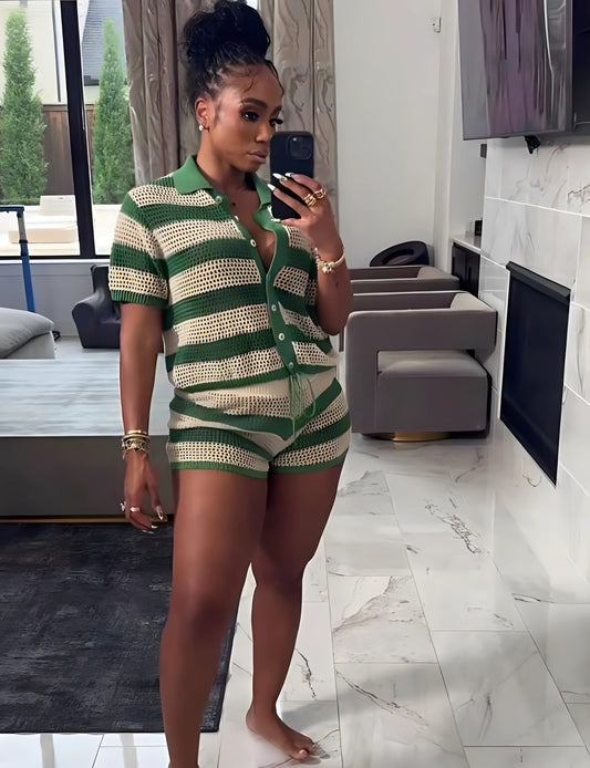 Women’s floral summer striped green 2 pc button shirt and mini short