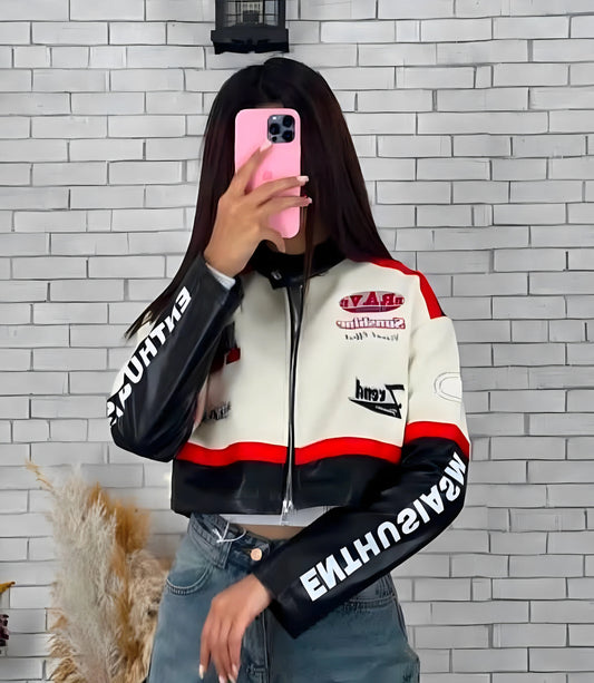 Women’s black and cream cropped sophisticated long sleeve jacket