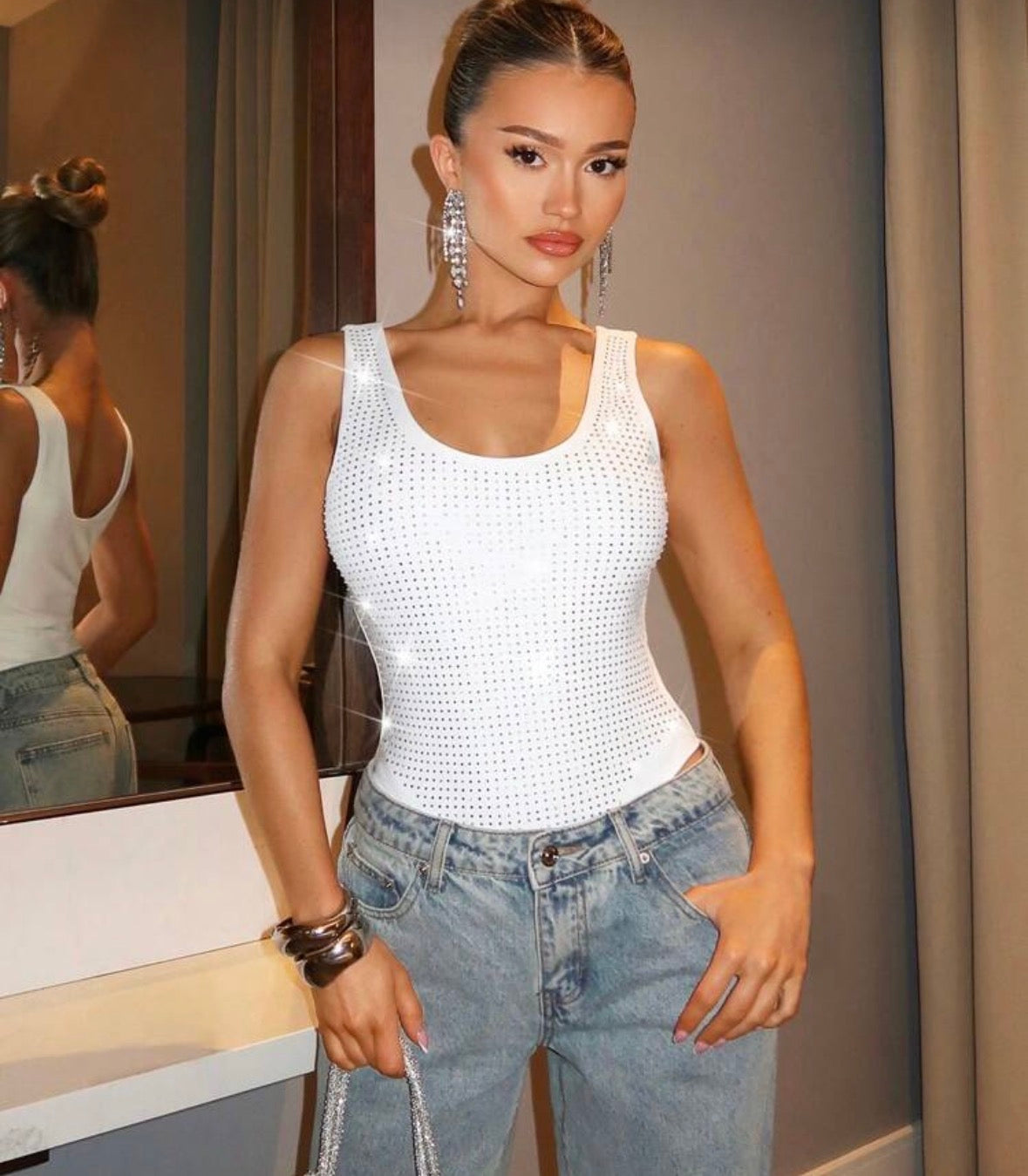 Elegant flashy women’s rhinestone decor white solid color vest