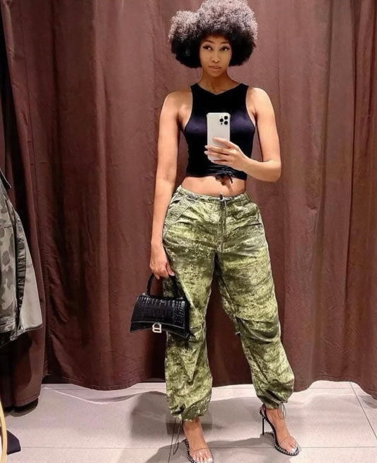 Green camo jogger cargo pants for women