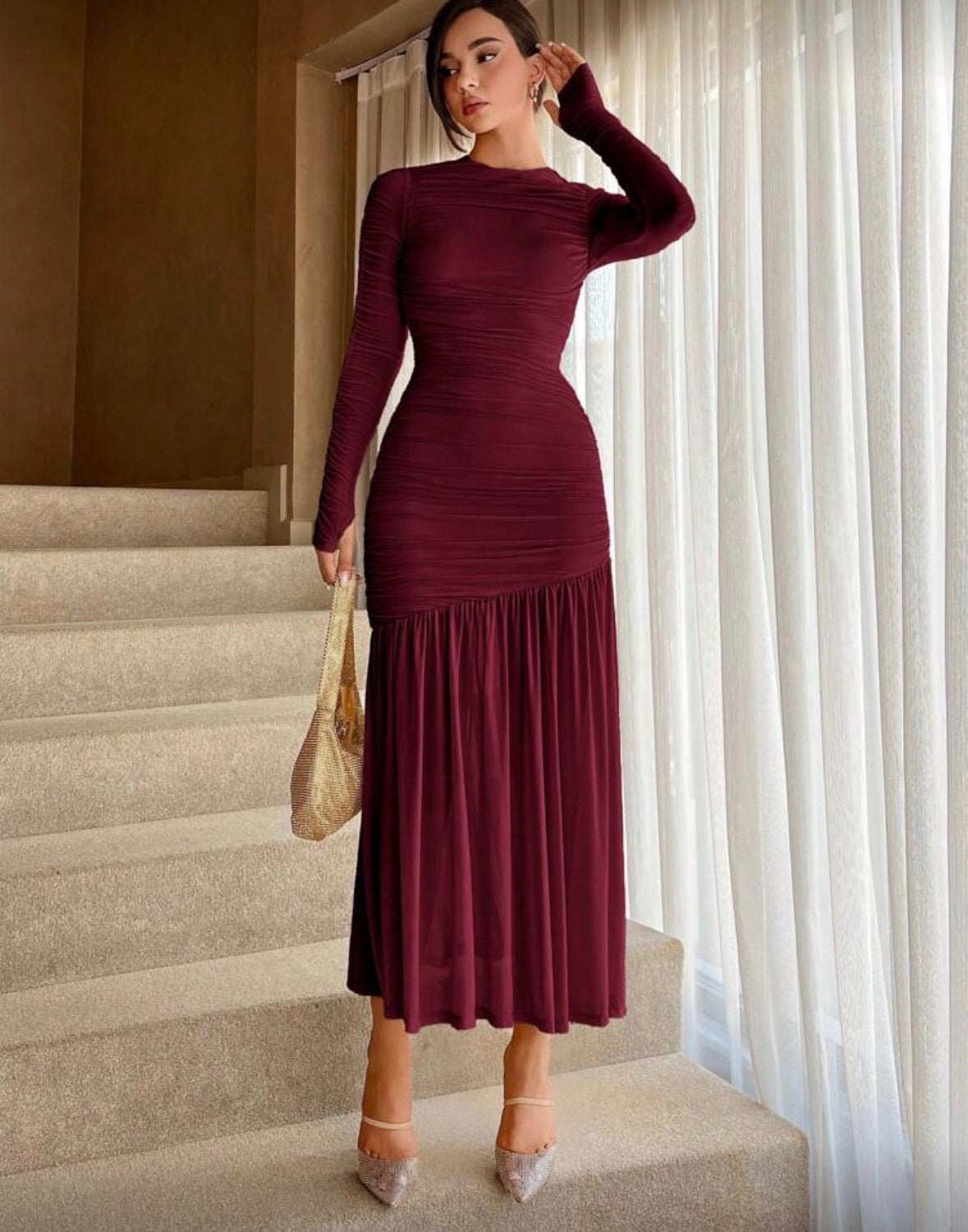 Women’s long sleeve floral elegant long covered neck dress