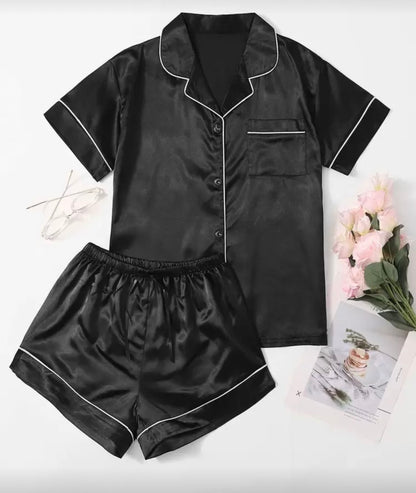 LuxeNights Plus Contrast Piping Satin Pajama Set