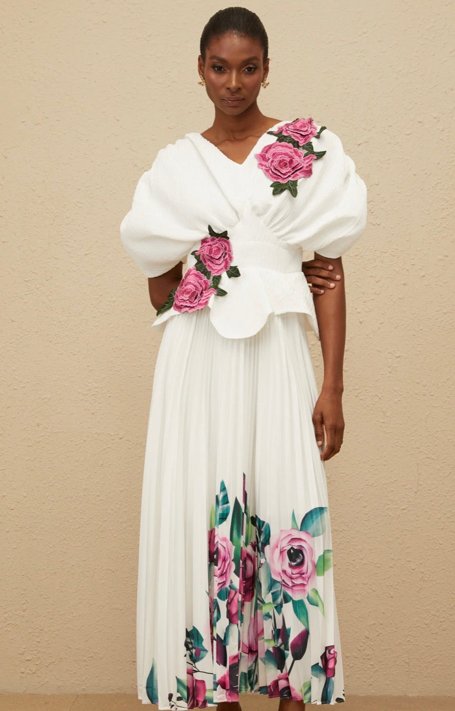 Women’s elegant floral white mid sleeve long dress