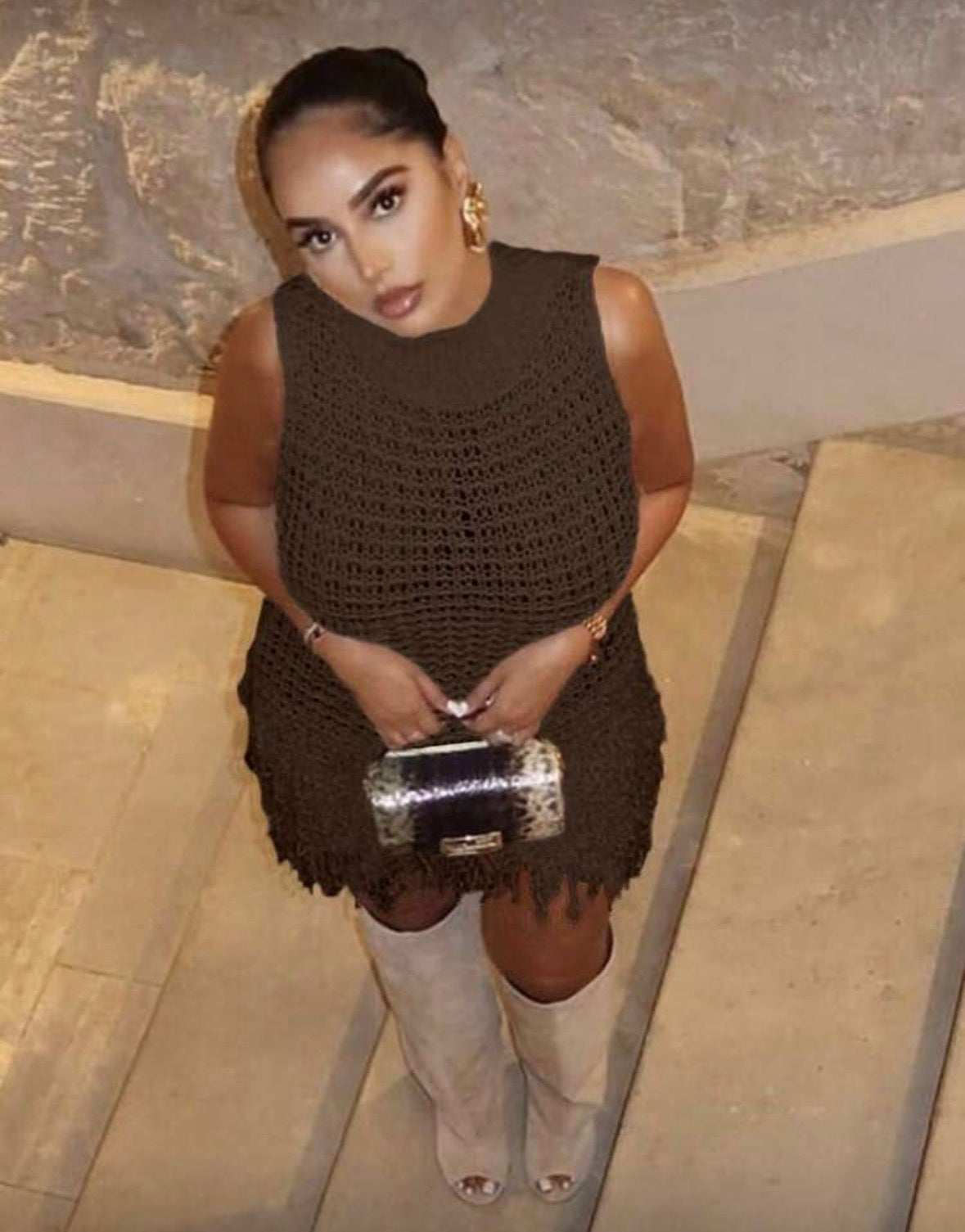 Autumn Women's Fashion Sexy Sleeveless Tassel Hollow Out Fitted Elegant brown knit Dress