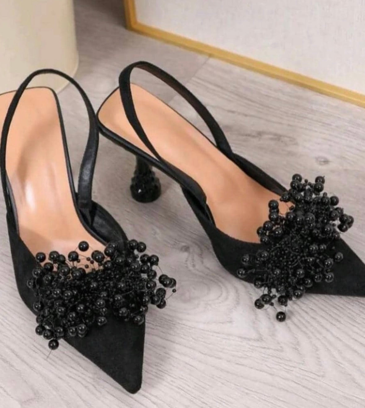 Women’s elegant silver and black sling back metallic bead high end high heels