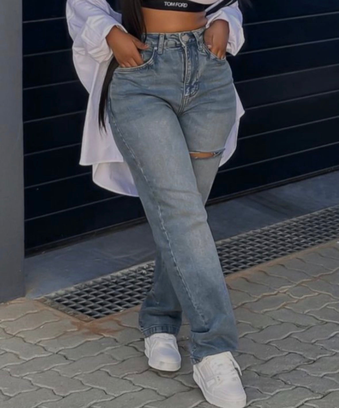 Women’s high waist plain grey/blue washed denim jeans