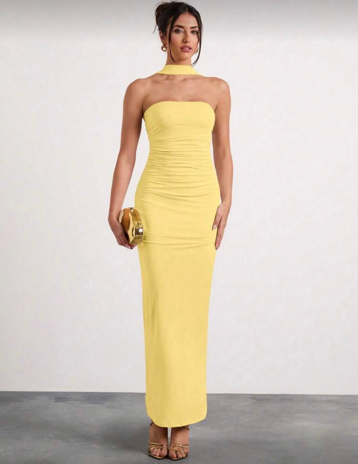 Glamine shoulder ruched halterneck solid colour dress for women