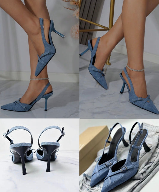 Denim sling back elegant heels for women