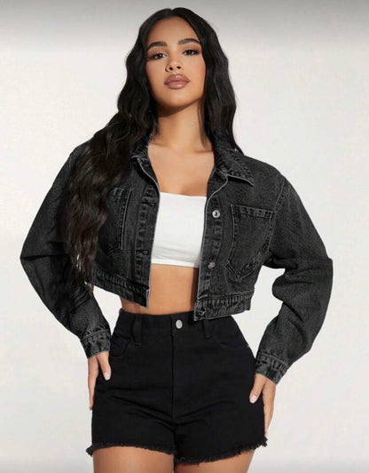 Women's Front Button Long Sleeve Pocket Casual Denim Jacket