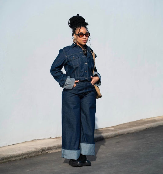 Women’s elegant 2 pc denim long sleeve dark wash shirt and loose pants jeans