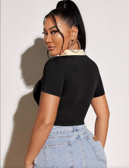 Black cropped collar mini top mid sleeve for women