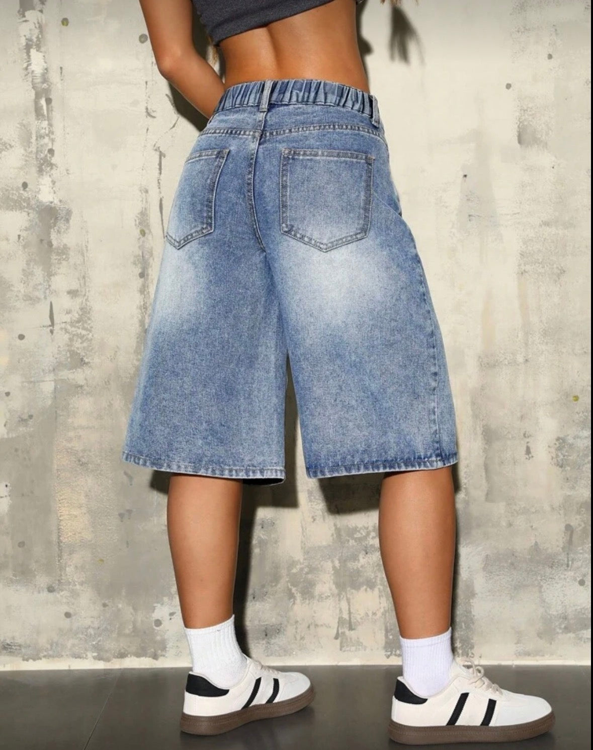 Women’s medium wash jean long street wear shorts jorts