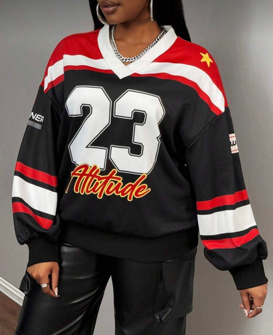 Women’s v neck letter design casual street long sleeve sweatshirt