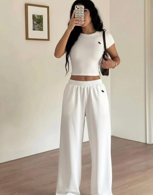 Women’s embroidery fitted casual outfit cropped top and loose pants