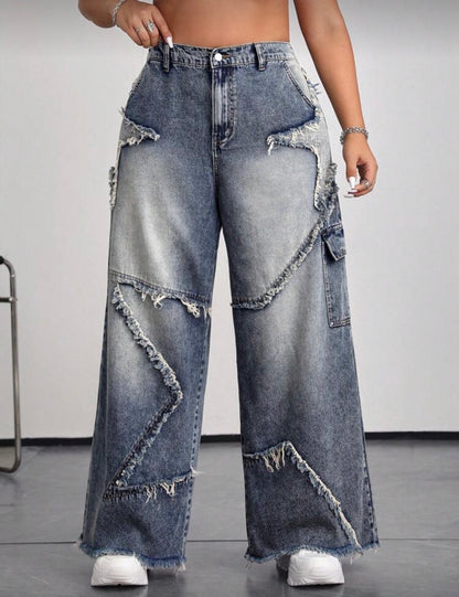 Women’s street star design medium wash baggy loose jeans