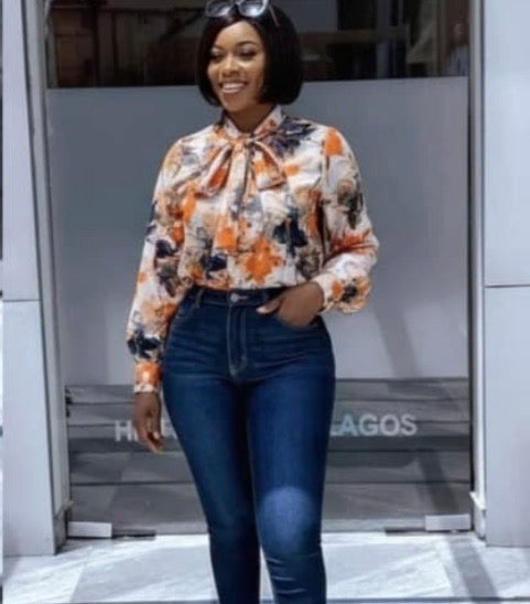 Women’s long sleeve button shirt scarf tie elegant flower design