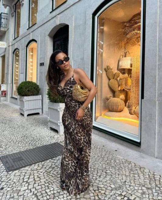 Women’s elegant sleeveless open chest leopard long dress