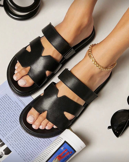 Women Shoes Comfy Open Toe Flat Thick Soled Basic Slip-On PU Black Slippers Sliders