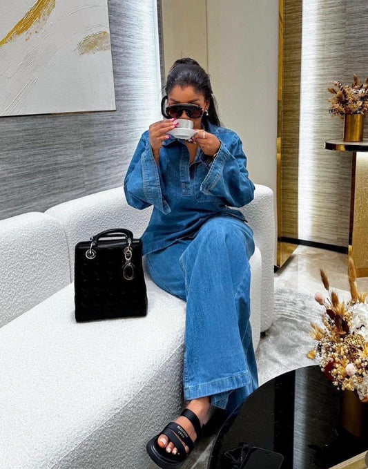 Women’s elegant 2 piece denim jeans and long sleeve button up shirt