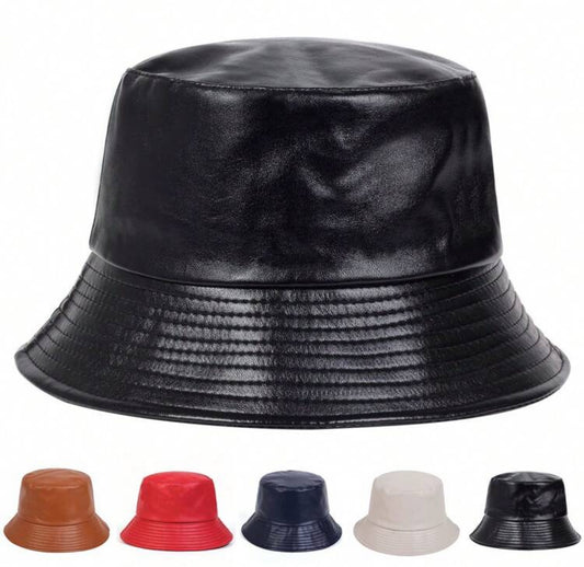 1pc Men's Solid Color PU Leather Bucket Hat